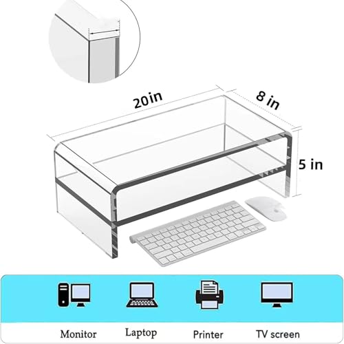 Acrylic Monitor Stand, 2 Tier Riser with Storage Shelf, Clear, 16/20 Inch, Home Office Desk Organizer (20in) - size: 20in