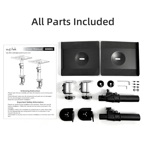 suptek Clamp-on Speaker Stand Desk Mount Set, Height Adjustment, Tilt, Swivel, 9.6 x 8.8 inch Trays, Universal Audio Holders for Computer and Bookshelf Speakers, Elevated Sound, 2 Pack, Black, SDM001B - color: Black