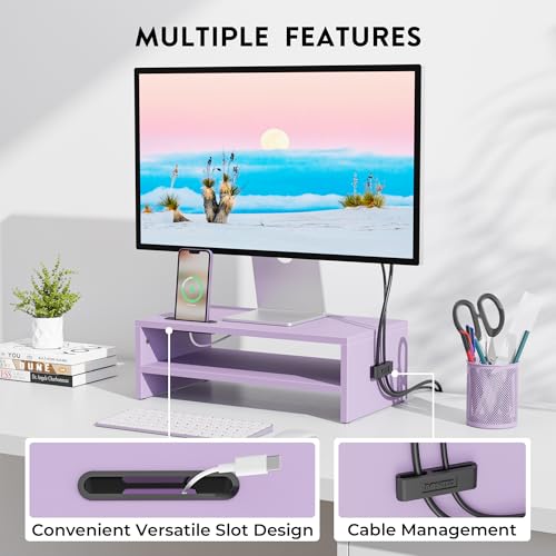 BONTEC Wooden Monitor Stand Riser, 2-Tier Desk Shelf with Storage Organizer, Ergonomic Computer Stand with Cable Management, Cellphone Holder, Purple, 16.5 Inch - color: PURPLE, size: 16.5 Inch