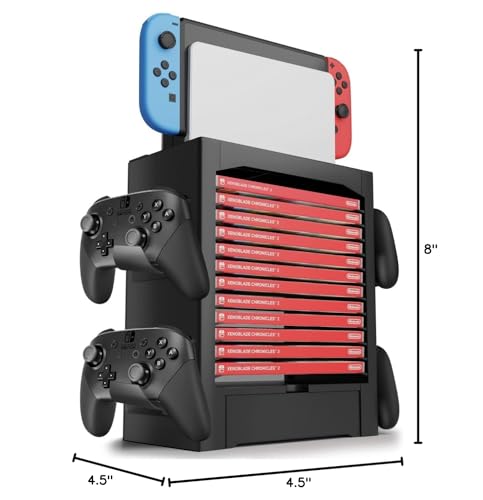 TNP Switch Organizer Station Game Storage Tower Stand for Nintendo Switch OLED with Dock Holder, 10 Game Case Vertical Shelf, 4 Controller Rack, Joy-con Drawer, Black