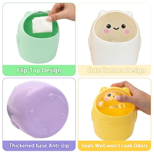Mini Trash Can, Cute Small Trash Can with Lid, Desktop Paper Bin with 5 Rolls of Bin Liners, Portable Tabletop Dustbin, Cartoon Animal Rubbish Storage for Office Bedroom Desk Kitchen(Purple) - color: PurPle