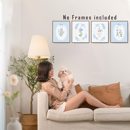 FITIE Blue and White Checkered Floral Wall Art Posters Set of 4, Grandma Core Home Decor, Cottagecore Coquette Blue Bow Bell Flower Canvas Prints Artwork Wall Decor, 8x10 Unframed - color: Home Wall Art 12