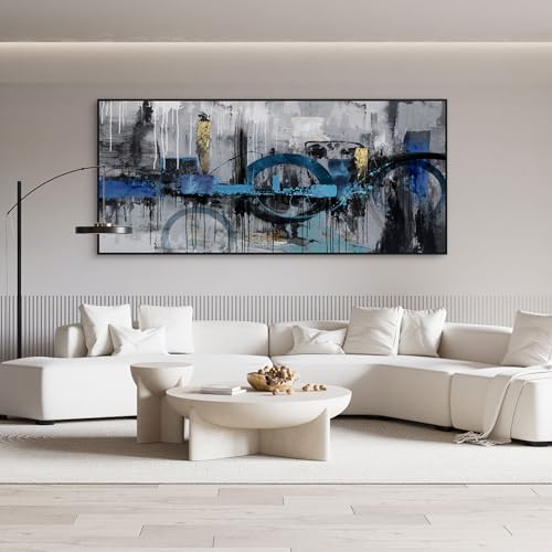 Abstract Wall Art for Living Room Bedroom Above the Sofa Picture Artwork | Extra-Large Size 70x31 Inches Made of Canvas with a Black Frame This Blue-Gray-Gold Piece Offers Minimalist Luxury Wall Decor - color: Grey Abstract - 3, size: 70x31