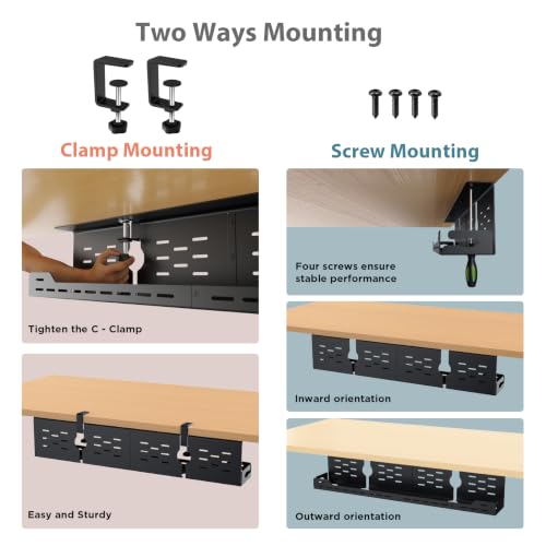 Univivi Under Desk Cable Management Tray - 32" Steel Cord Organizer, No-Drill C-Clamp & Screw Mount for Office/Home, Effortless Wire Management (Black) - color: Black, size: 32"