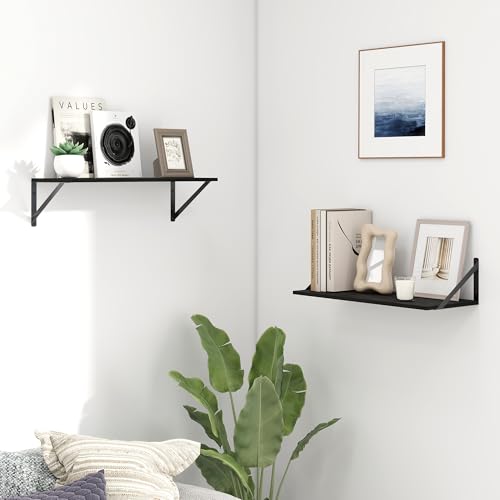 Fun Memories Deep Floating Shelves for Wall, 24W x 8D Wall Mounted Shelves Set of 2, Wide Display Ledge Shelf with Sturdy Metal Brackets for Living Room, Bathroom, Bedroom and Kitchen, Black - color: A-black, size: 24"w x 8"d