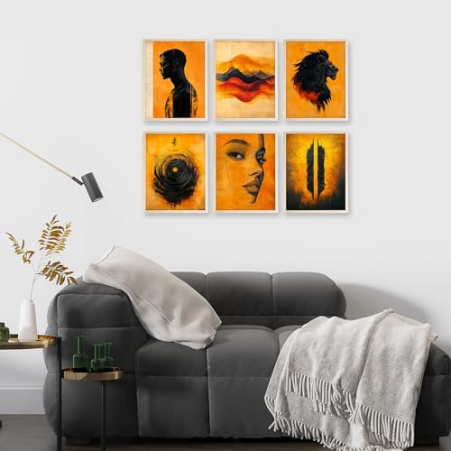 Eastern Print Set of 6 Abstract Masculine Wall Art Prints – Bold Orange & Black Lion, Silhouette, Face Line Posters – Modern Unframed 8x10 Decor for Men’s Room, Office, Man Cave or Creative Studio - color: Warm Yello Abstract