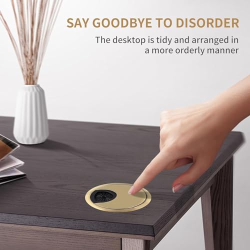 2 Pack 60mm Desk Cable Grommet Cover, One-Piece Molded Construction Cable Heavy Duty Zinc Alloy Hole Organizer with Adjustable Center Cable Hole for Office Computer Desk Worktops (Gold)