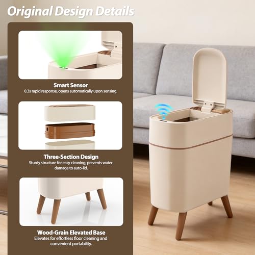 suyika Automatic Trash Can, 2.6 Gallon/10L Bathroom Trash Can with Lid - Wood Grain Lid and Legs, Touchless Waterproof Garbage Bin for Bedroom, Bathroom, Office, Living Room - color: Off-white