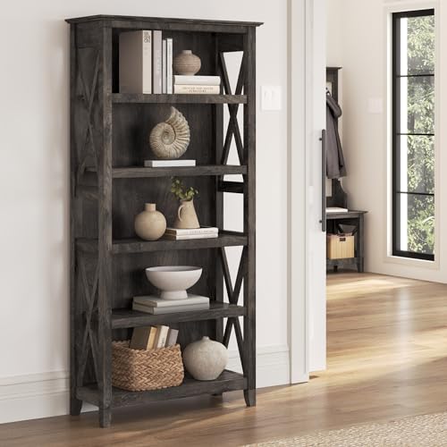 Bush Home Tall 5 Shelf Bookcase for Living Room or Home Office, Large Bookshelf, Modern Farmhouse Style, Key West Collection, Dark Gray Hickory - color: Dark Gray Hickory, size: 5 Shelf