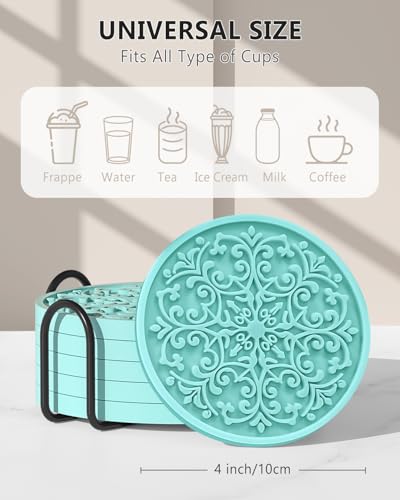 Drink Coasters, Coasters Set of 6 for Cup with Holder, Non-Slip Silicone Cup Mats for Hot and Cold Drinks, Cute Absorbent Coffee Bar Accessories Table Decor, Lake Blue - color: Lake Blue