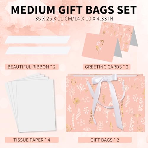 woric 13.7" Pink Gift Bags Set of 2, Large Birthday Gift Bags for Women | 2 Pink Bags with Ribbon Handle, 4 Tissue Paper & Greeting Cards, Women Girls Birthday, Anniversary, Wedding Bridal Showers - color: Pink