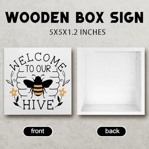 Summer Bee Sign Decor Bee Decorations for Home Welcome to Our Hive Wooden Box Sign Desk Accessories Home Office Bedroom Bathroom Decor 5 X 5 Inch - color: Welcome