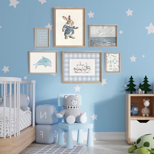 Vodefoad Nursery Gallery Wall Art Set Vintage Cute Kids Blue Nursery Wall Decor Dolphin Rabbit Boat Sea Landscape Canvas Painting Retro Antique Blue Nursery Poster Girls Gallery Art for Kids Bedroom, Nursery Room Decor- Unframed - color: Blue Nursery, siz