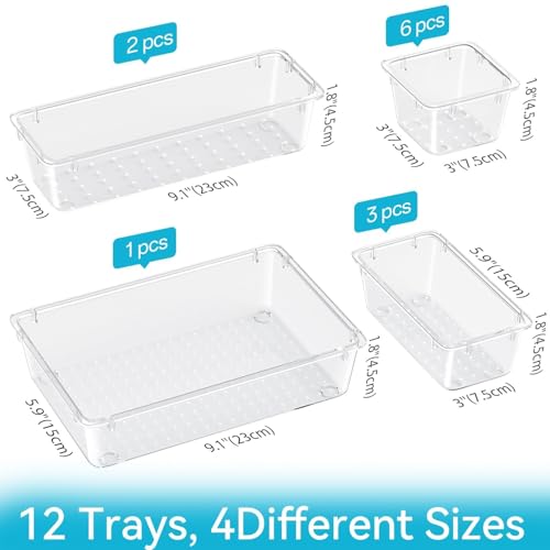 ElegantArray 12 PCS Drawer Organizer Set, 4 Sizes Tool Storage Trays, Clear Plastic Makeup Vanity Organizer and Storage Bins for Makeup, Stationeries, Multiple Gadgets for Bathroom, Office, Bedroom - color: Milky, size: 12 Pcs