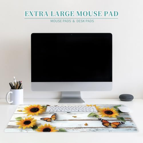 Large Mouse Pad, Big Gaming Mousepad, Desk Mat for Desktop, Thick Non-Slip Waterproof Rubber Base, Mouse Pads for Office, Computer, Keyboard, Laptop 35.4x15.7 in, Sunflower Butterfly - color: Sunflower Butterfly, size: 35.4" x 15.7"