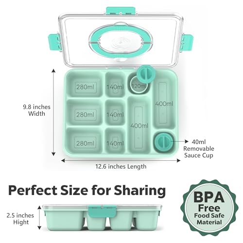 Snackle Box Container for Adults with 10 Compartment, Divided Serving Tray with Lid and Handle and 2 Sauce Containers, Portable Snack Box Container for Charcuterie Party Travel, Green - color: Green