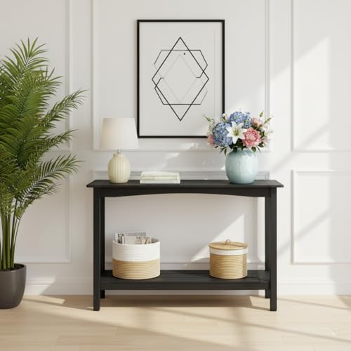 Weatherproof HIPS Outdoor Console Table, 48'' 2-Shelf Side Table Indoor/Outdoor Use, Multifunctional Buffet Table Bar Storage Organizer for Entryway,Yard, Outside Plant Stand Table, Black - color: Black