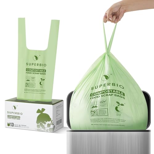 SUPERBIO 13 Gallon Compostable Kitchen Waste Bags with Handles, Food Scrap Bags Certified by BPI, OK compost INDUSTRIAL, 30 Count, 49.2L - color: 13 Gallon with Handles, 30 Count