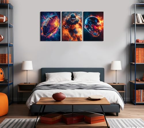3Pcs Football Canvas Wall Art Graffiti Rugby Cool Sports Theme Pictures Paintings Wall Decor Fire American Football Player Posters Prints for Kids Boys Room School Locker Room Decoration 16x24in - color: Athlete Canvas, size: 24L"x16W"