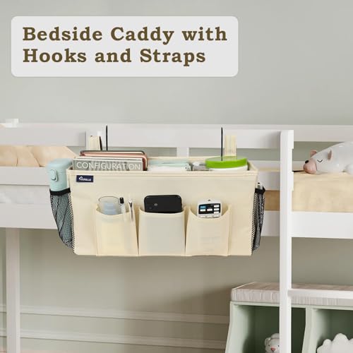 Surblue Bedside Organizer with Hook Caddy Hanging Storage Bag with Adjustable Straps and Water Bottle Holder for Home, College Dorm, Bunk Bed Accessories, Crib, Hospital Bed, Beige - color: Beige