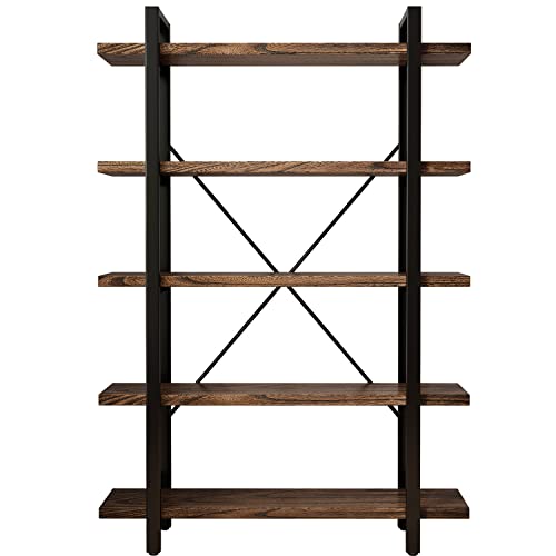 5-Tier Industrial Style Solid Wood Bookcase and Book Shelves,Rustic Wood and Metal Shelving Unit, Living Room,Modern Rustic Open Industrial Book Shelf Office,Distressed Brown (AY-02-5Tier) - size: 5Tier
