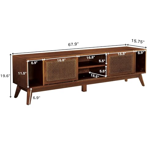 LKTART 68 Inch Mid Century Modern TV Stand with Rattan Doors,MCM Entertainment Center Media Console for 60/65/70/75 inch TVs,Long Boho Television Stand for Living Room,Light Walnut - color: 68" Light Walnut