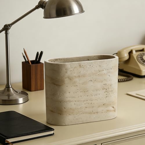 Natural Travertine Textures Mini Trash Can, Small Counter Rectangle Trash Can for Bathroom Kitchen Table Desk, Tiny Waste Basket for Vanity - Silicone Pad Anti Scratch, Non-Slip (Made of Resin) - color: Rectangle Travertine