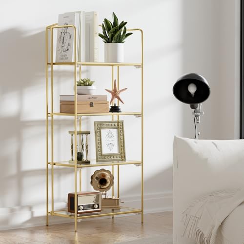 Crofy 4-Tier Foldable Bookshelf, Gold Frame & Transparent Shelves | No-Assembly Collapsible Portable Storage Organizer; Sturdy Transparent Shelves; Ideal for Living Room & Home Office - color: Gold Frame & Transparent Shelf, size: 4 Tier