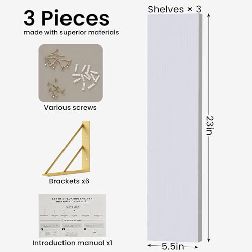 BAYKA Wall Shelves for Bedroom Decor, Floating Shelves for Living Room Kitchen Storage, Wall Mounted Rustic Wood Shelves for Kids Books,Corner Shelves for Bathroom(White and Gold,23in,Set of 3) - color: B. White Board & Gold Brackets, size: 23-inch Standa