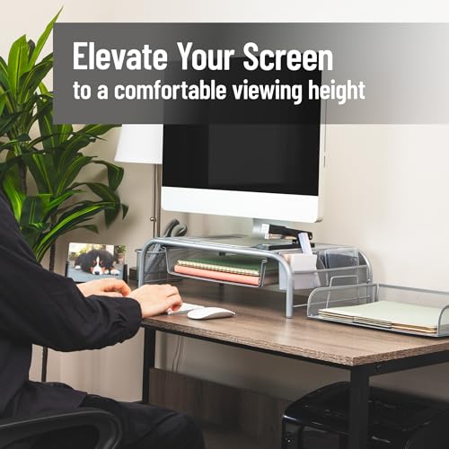 Mind Reader Monitor Stand, Ventilated Laptop Riser, Paper Tray, Storage, Office, Metal Mesh, 20"L x 11.5"W x 5.5"H, Silver - color: Silver