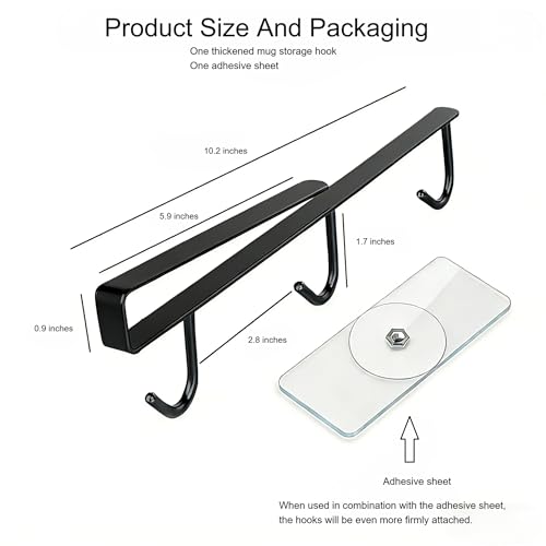 Black Clip-On Under Cabinet Mug Holder with 3 Storage Hooks | Fits boards ≤0.9", rustproof, holds mugs, utensils, scarves for kitchen RV storage - color: Black