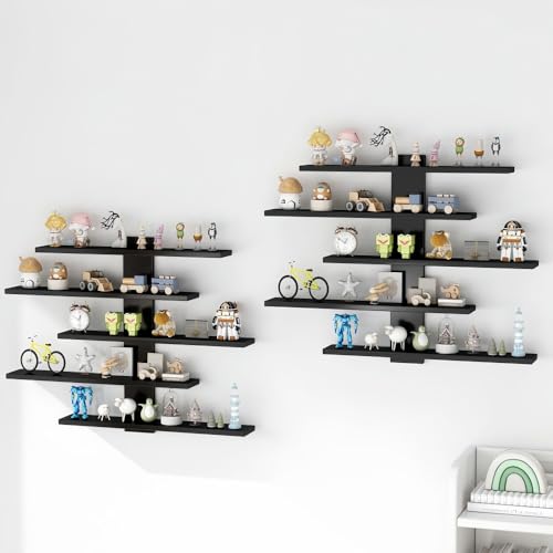 5-Tier Floating Wall Mounted Shelves, Wall Display Storage Shelf for Anime Figurines, Dolls, Plants & Statues, Decorative Organizer for Bedroom, Living Room, Study, Kids Room(Black) - color: Black