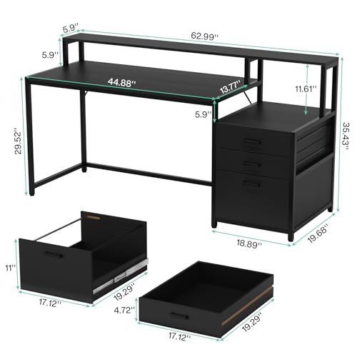 Tribesigns 63 Inch Computer Desk with File Drawer Cabinet, Ergonomic Office Desk with Monitor Stand, Industrial Computer Table with Printer Space, Wood PC Table Workstation Desks for Home Office - color: Black