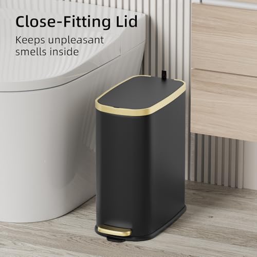 KUK Small Bathroom Trash Can with Lid Soft Close, Step Pedal, 2.6 Gal Stainless Steel Garbage Can with Removable Inner Bucket, Anti-Fingerprint Wastebasket for Office, Bedroom, Toilet (Black) - color: Matt Black-J-P