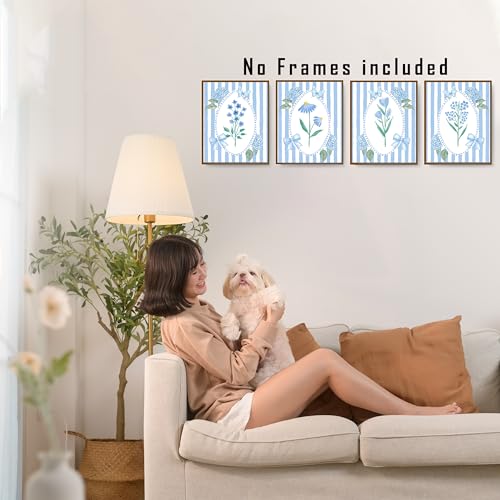 FITIE Blue and White Striped Floral Wall Art Posters Set of 4, Grandma Core Home Decor, Cottagecore Coquette Blue Bow Hydrangea Flower Canvas Prints Artwork Wall Decor, 8x10 Unframed - color: Home Wall Art 02