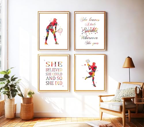 Tennis Player Girl Watercolor Wall Art Print Poster, Inspirational Female Athlete Illustration for Teen Girls Bedroom Nursery Playroom Decor, Tennis Lover Gift for Kids Coaches, 8x10 Inch Unframed Print Set - style: Tennis