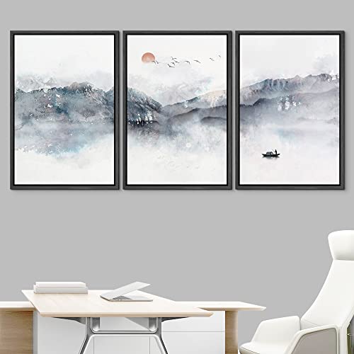 NWT Framed Canvas Print Wall Art Set Watercolor Pastel Mountain Ocean Boat Landscape Abstract Shapes Illustrations Decorative Calm/Zen Multicolor for Living Room, Bedroom, Office - 16"x24"x3 Black - color: A002-2207-yuk23, size: 16" x 24" x 3 Panels BLACK