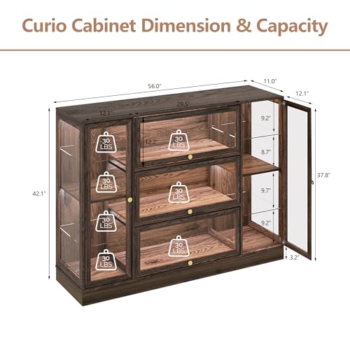 Display Cabinet with Acrylic Glass Doors,Extra Wide Curio Cabinet with LED Lighting for Collectibles, Collectibles Toy Organizers Rack & Display Shelf Display Case, Walnut - color: Walnut, size: 56" W x 42" H