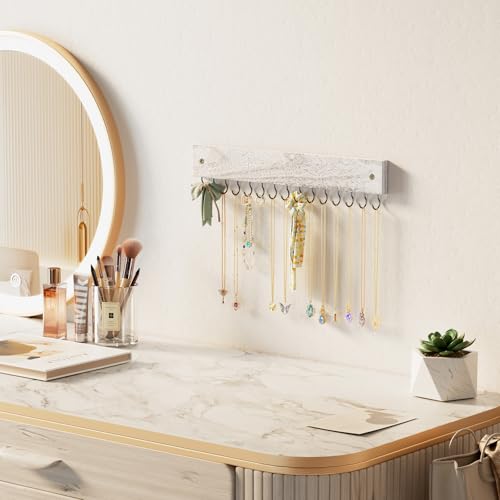 Lolalet Wooden Necklace Holder for Wall with 15 Hooks, Necklaces Hanger Easy Install Wall Mount Necklace Organizer, Jewelry Hangers for Chains, Bracelets, Earrings -Vintage - color: Vintage