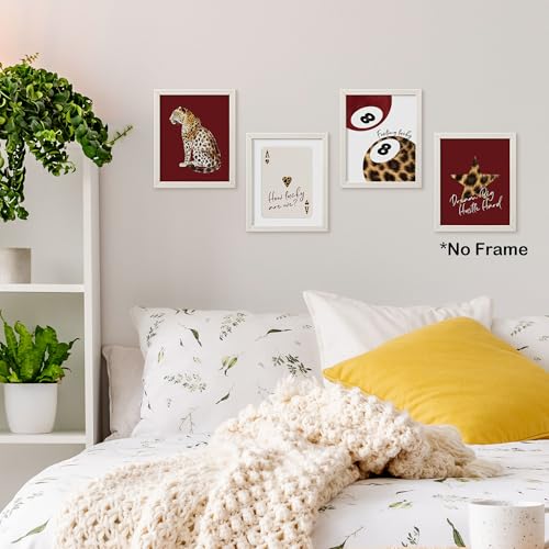 TLESKE Red Burgundy Cheetah Leopard Posters Prints Unframed 8x10 Set of 4, Wine Red Trendy Lucky 8 Balls Wall Art Prints Decor for Teen Girls Dorm Bedroom, Retro Cheetah Print Wall Pictures - color: wine red, size: 10L" x 8W"