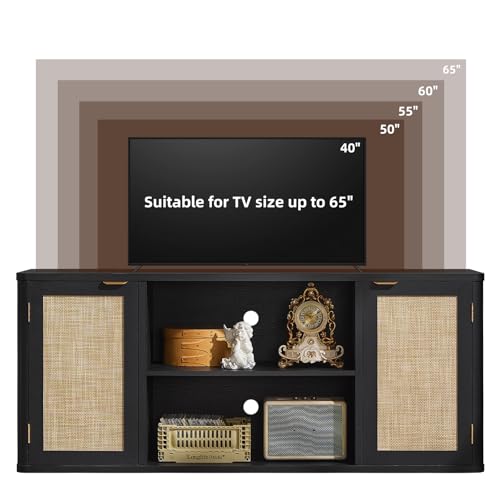 LEYAOYAO Rattan TV Stands for Living Room, Boho Entertainment Center with Storage and Open Shelf, Wood Media Console for 50-65 Inch TV, Black