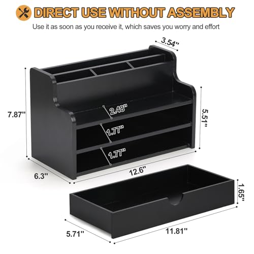 Mail Organizer Countertop, 4 Slots Desk Organizer with Drawer and Shelf, Wooden Mail Sorter for Desk, Desktop File Holders for Storage Pens, Envelopes and Bills - color: Black-2