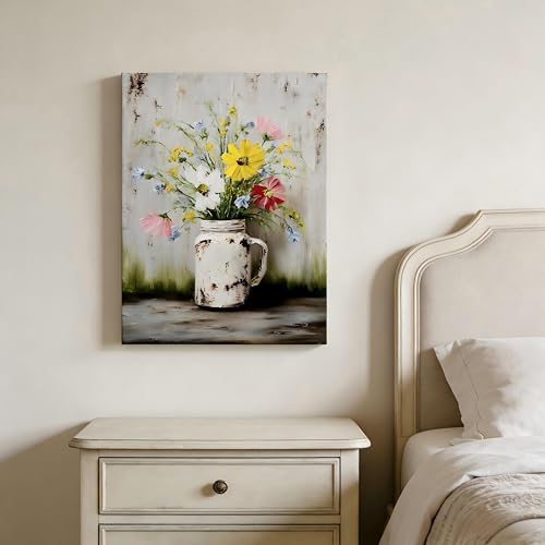 Canvas Wall Art Framed Floral Wildflower Mason Jar Textured Rustic Farmhouse Vibrant Colorful Earthy Contemporary Wall Decor for Living Room Office Cottagecore Botanical Neutral Decor 16x24 Inches - color: vase, size: 24"L x 16"W