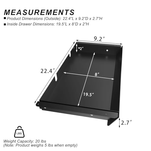 Large Under Desk Mounted Sliding Drawer with 2 Cable Hole and 60 Degree Tilt Panel to Pull Out, 22.4'' Long & 9.2'' deep Large Storage Organizer for Sit Stand Workstation - color: Black, size: L