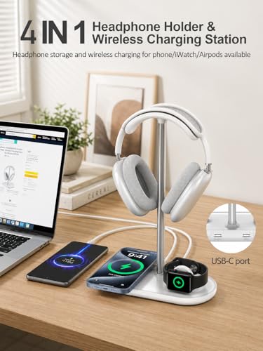 Airpod Max Charger Stand with 15W Wireless Charger, 4 in 1 Headphone Stand | Headset Holder for AirPods Max 2/Pro/iWatch/Vision Pro, Charging for iPhone 17/16/15/14/13/12/11/X, Aluminum Alloy Rod, White - color: Cream White