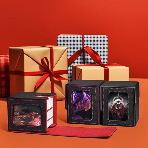 UAONO Card Deck Box with MTG Commander Display, Deck Case Holds 100+ Double-Sleeved Cards, Trading Card Storage Box Fits TCG/PTCG/Sports Card with 2 Dividers, 1 Top Loaders (Black, Red) - color: A-Black&Red