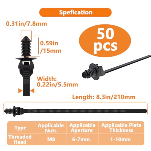 Fir Tree Push Mount Zip Ties 8 Inch Threaded Automotive Fuel Line Cable Ties Nylon Wire Holder 8.3"x0.22" 50Pcs - size: 8.3"x0.22"