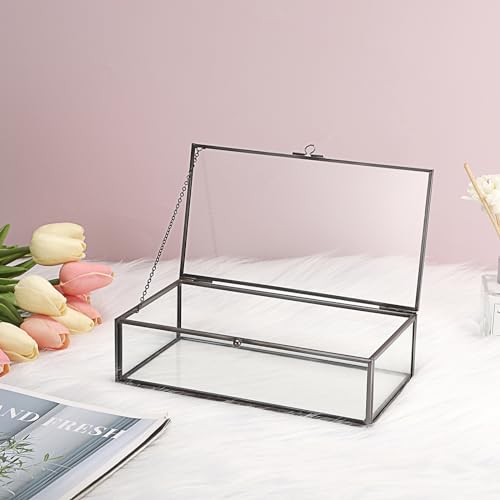 Hipiwe Glass Keepsakes Display Box with Lid - Decorative Black Glass Box Clear Rectangle Storage for Trinket Perfume Cards Gift - color: Black, size: Large