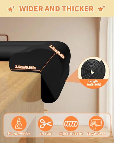 L-Shape 6.56FT 0.6'' Thick Baby Proof Corners and Edges, Pre-Taped | Thickened Upgrade, with 6 Corner Covers, Soft Rubber Foam Furniture Corner Bumper Guards for Table Wall Fireplace, Black - color: Black, size: 0.6''Th (6.56ft)