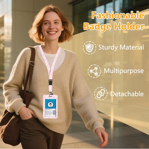 Bow Badge Holder with Lanyard, Beautiful Bow ID Badge Holder with Retractable Reel Clip and Keychain, Vertical Identity Card Cover Case Protector for Nurse Teacher - color: Bow-pink